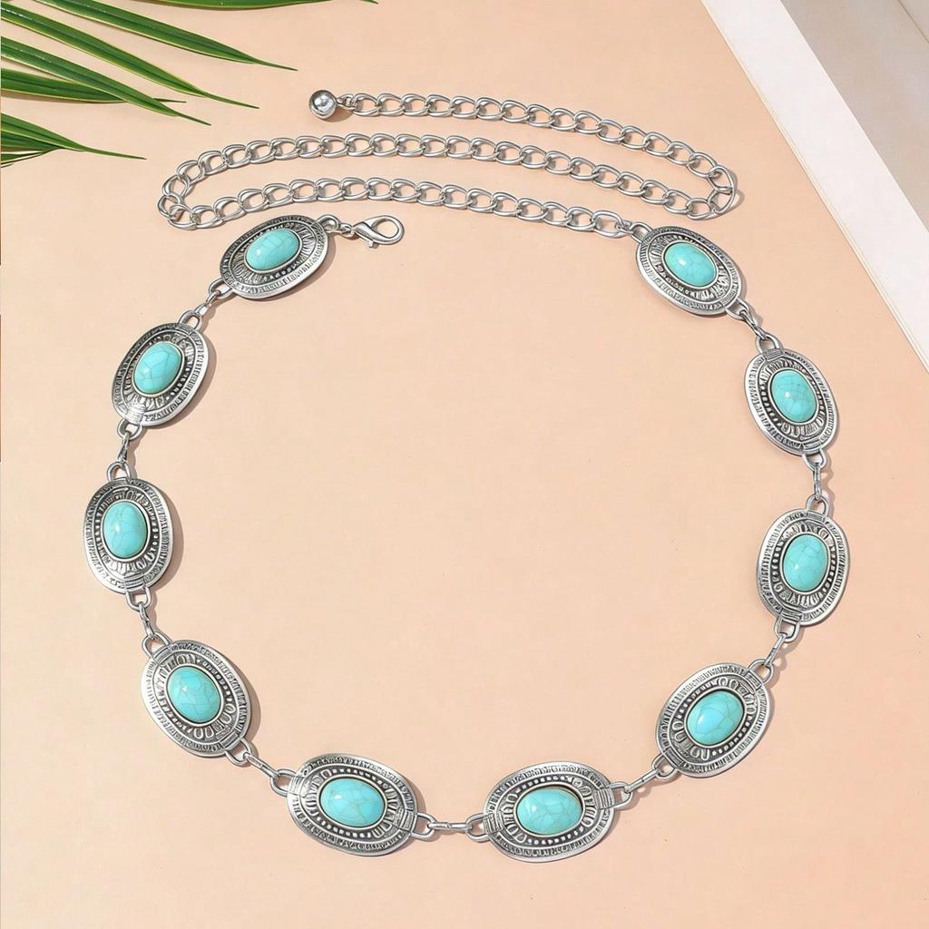 Bohemian Style Waist Chain, Navel Chain, High-end Feel, Retro Inlaid Turquoise Metal Belt, Paired with Skirt