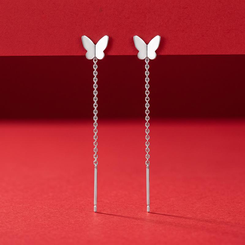 S925 Sterling Silver Butterfly Tassel Ear Wire Earrings - Korean Style, Versatile, High-Grade for Women