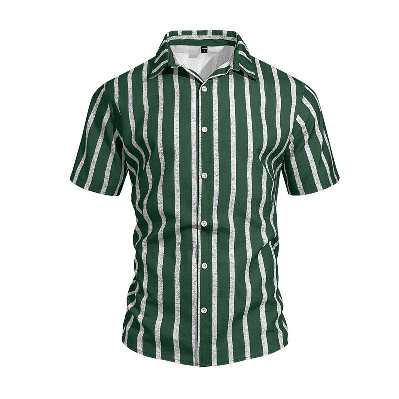 Summer 2026 Men's Slim Fit Short Sleeve Shirt Collared Striped Beachwear Casual Fashion European Style