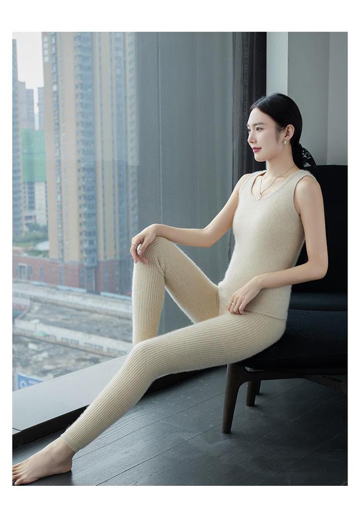 Women's Cashmere-Blend Thick Striped Leggings - Lambswool Knit Base Layer for Autumn and Winter