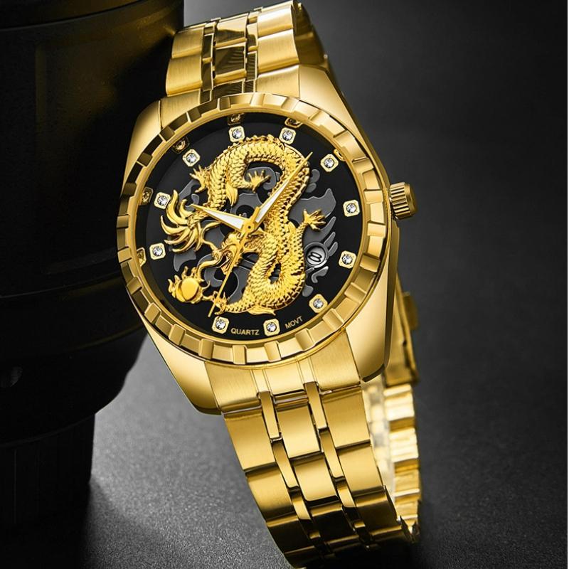 WLISTH Módní zlaté hodinky s drakem Pánské Luxusní Nerezová ocel Business Casual Křemenné Náramkové hodinky Datum Pánské Náramkové hodinky