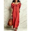 Women Off Shoulder Ruffle Tie Waist Bubble Sleeve Midi Dress