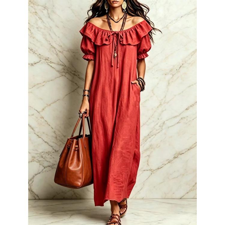 Women Off Shoulder Ruffle Tie Waist Bubble Sleeve Midi Dress