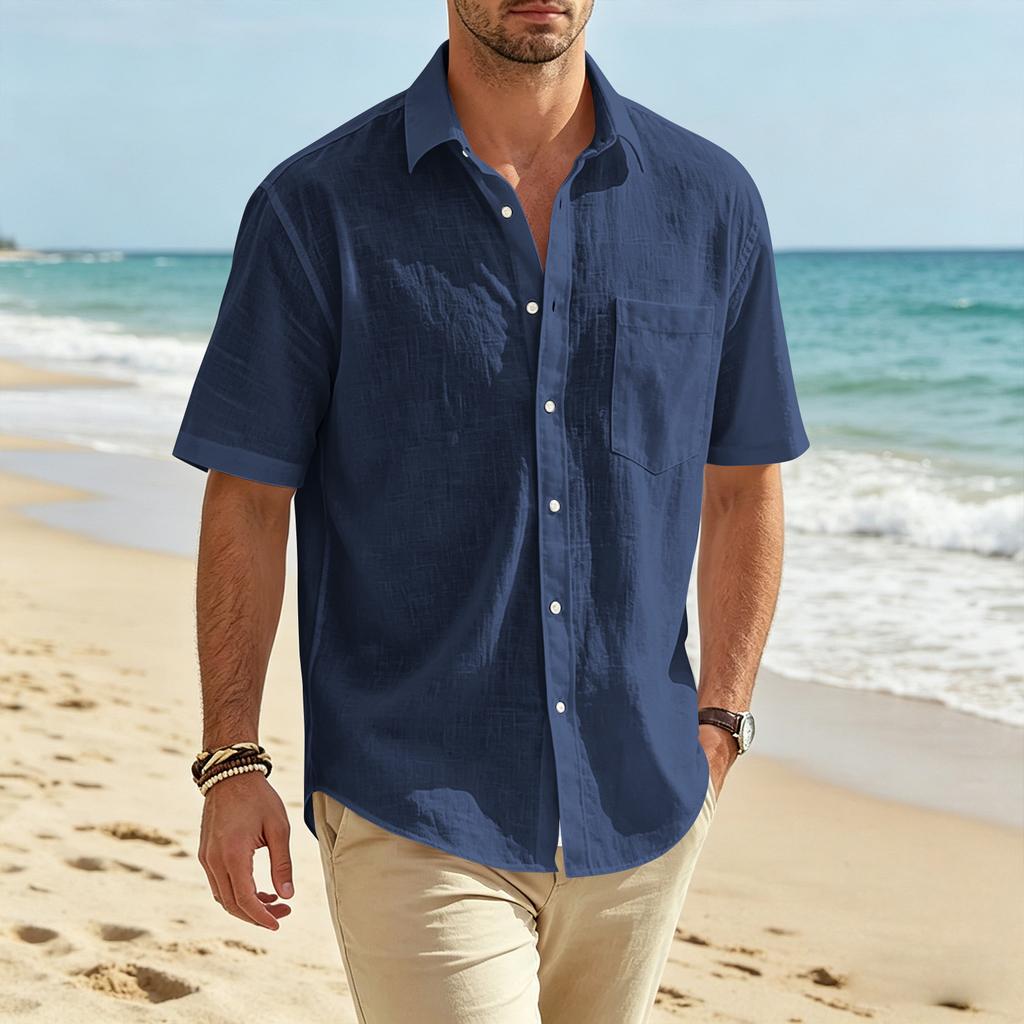 Men's Summer Flip Tie Pocket Short Sleeved Men's Casual And Comfortable Short Sleeved Shirt