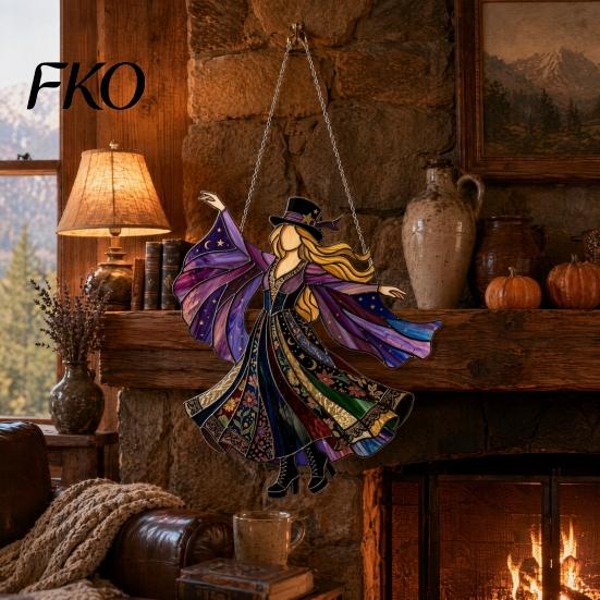 Broom Witch Acrylic Ornament Vintage Halloween Cat Decoration, Window Hanging Ornaments, Colorful Decoration Rustic Farmhouse Tree Decor, Party
