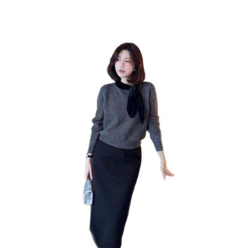 Gentle Style White Temperament Bow Tie Sweater for Women in Autumn and Winter Unique and Unique Knitted Sweater Inner Top