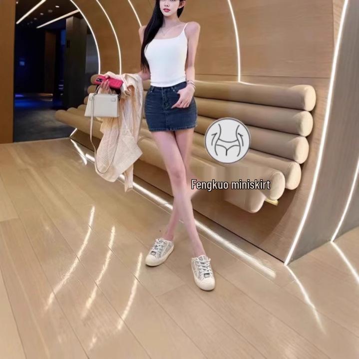 

Spicy Girl A-Line Mini Skirt with Hip Pads: Washed Texture, High Waist Spring/Summer Jean Skirt for Long Legs XS