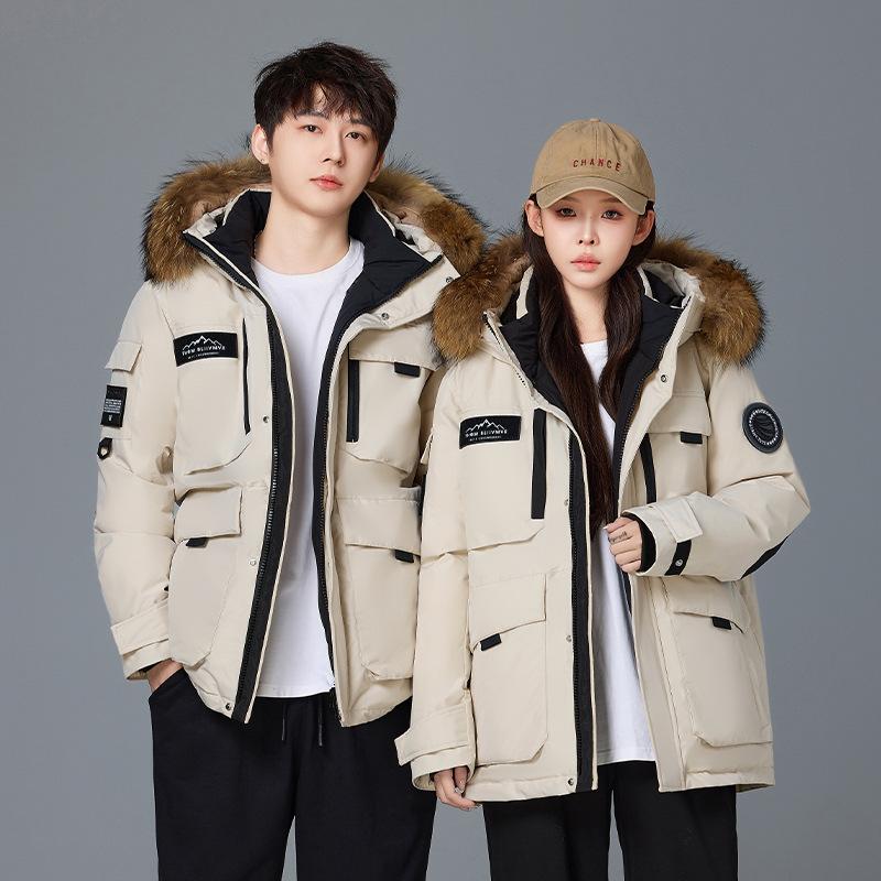 Brand men's and women's down jackets new hooded casual big fur collar couple's thickened warm jacket winter