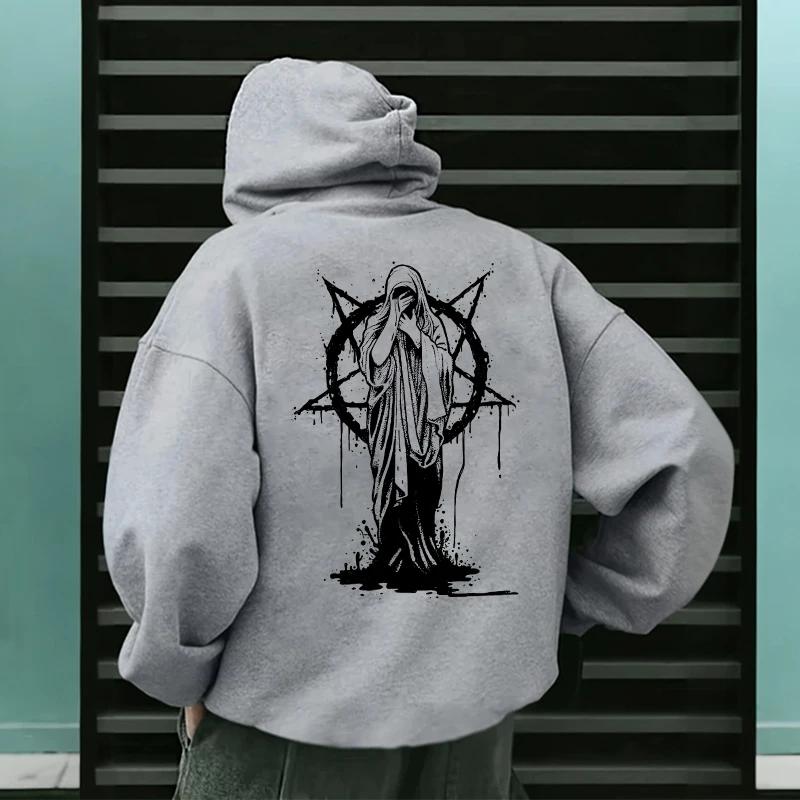 2025 Trendy Mens Hooded Sweatshirts Satan Demonic Print Autumn Winter Casual Sportswear Urban Streetwear Male Top Men's Clothing