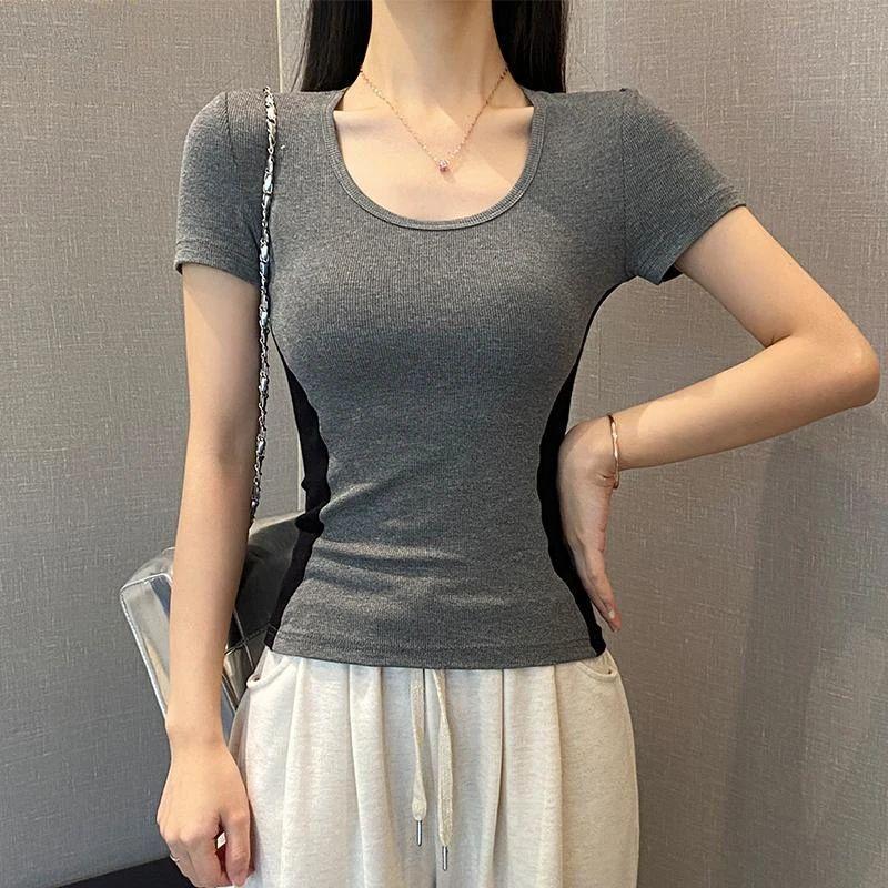 

2025 new threaded round neck contrasting short-sleeved t-shirt women s spring and summer slim-fitting design sense versatile u-neck thin top trendy S серый