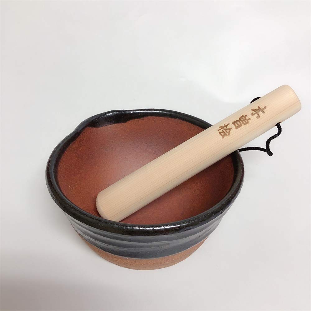 Banko Ware mortar with domestically made mortar wood Non-grooved (half black), small,