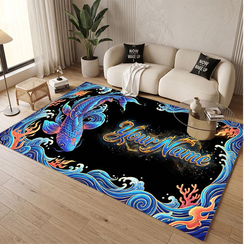 Fish Ocean Theme Soft Crystal Velvet Rug Custom Name & Text Print Non Slip Floor Rug for Bedroom Living Room