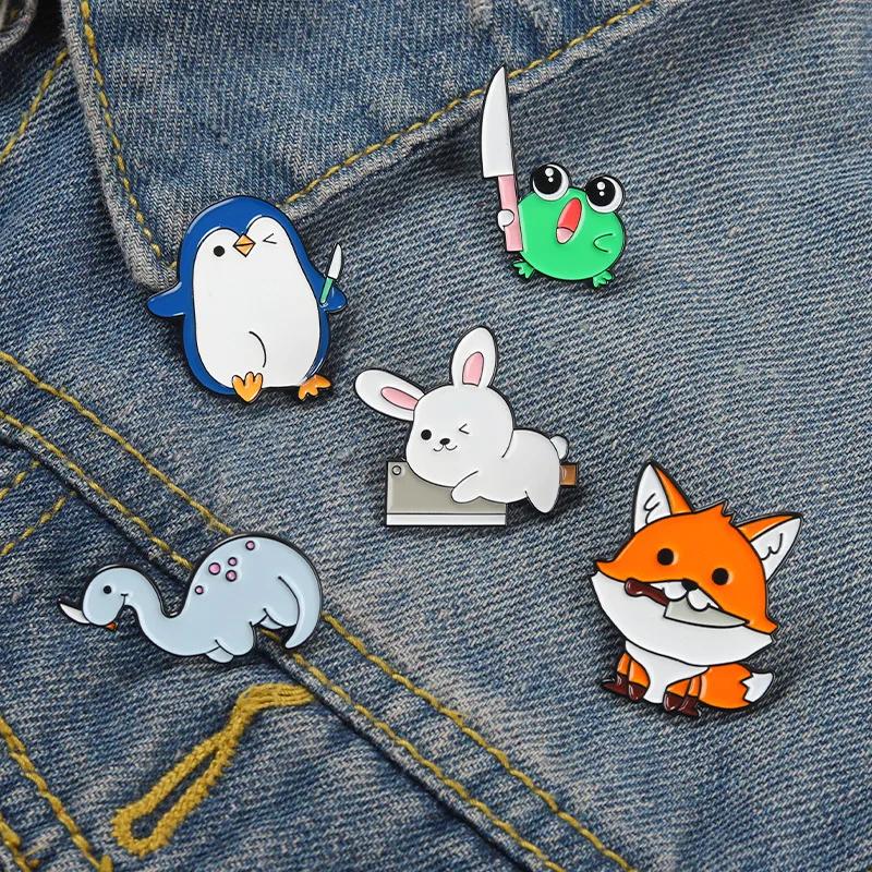 Funny Cartoon Fox Knife Art Brooches Enamel Metal Badges Animal Pins Backpack Hat Shirt Lapel Pin for Kids Women Bag Clothes DIY