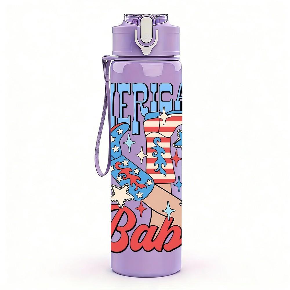 1PC American Babe Vintage Text Pattern 750ml Color Plastic Sports Water Bottle Leakproof Flip Straw Lid Suitable for Sports Office Home Use