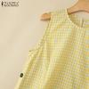 ZANZEA Women Casual Round Neck Sleeveless Plaid Print Dress Sundress