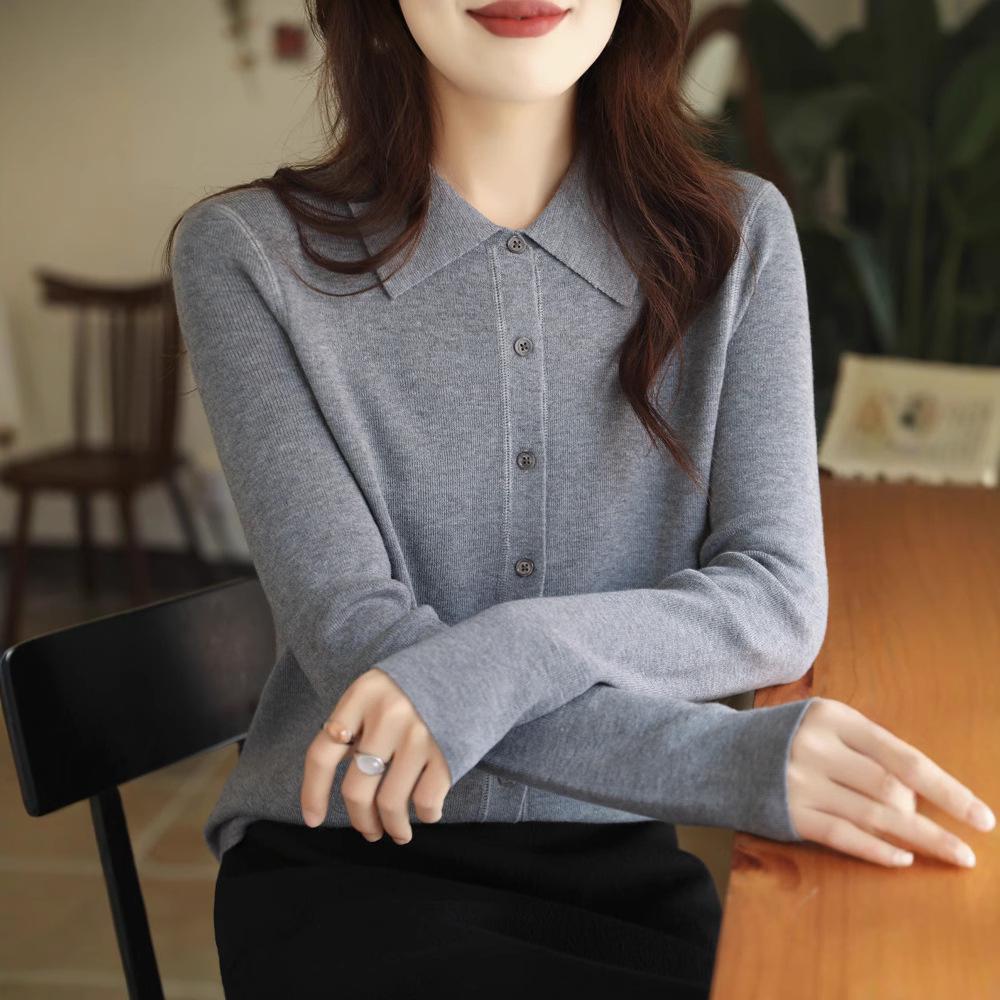 

Женский кардиган тонкой вязки с воротником поло - Повседневный базовый слой XXL (Fits 140-155 jin)