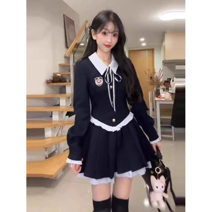 

Pure desire sweet short skirt autumn and winter waist thin fake two-piece contrasting color splicing POLO collar college style dress women XL