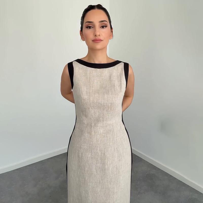 2025 Autumn Women's Colorblock Sleeveless Crew Neck Tie-Up Slit Dress