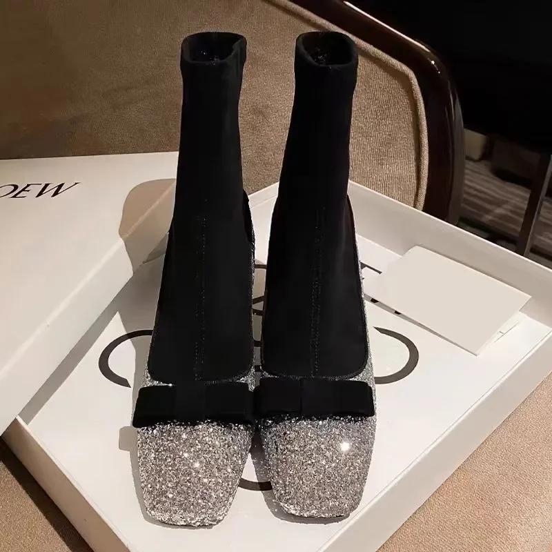 Fashion Shoes Female 2024 Fashion Sleeve Women's Boots Autumn Winter Square Toe Sequins Solid Short Barrel Chunky Heels Stretch Boots