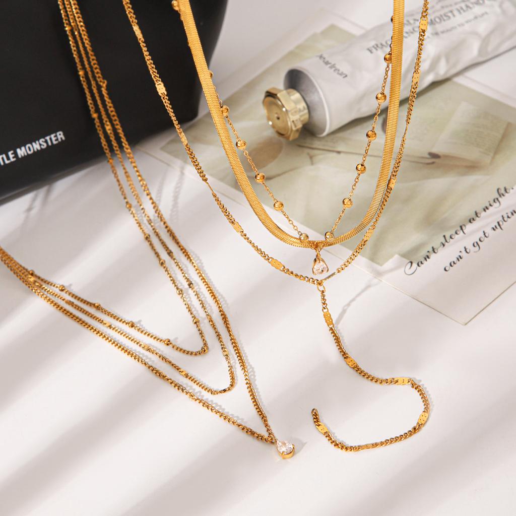 Niche design multi-layer necklace, titanium steel plated with 18k gold, non-fading, teardrop zircon, Y-chain, layeravicle chain
