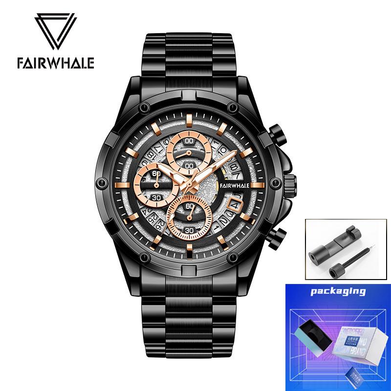 Mark Fairwhale Brand Men's Quartz Watches Stainless Steel Strap Waterproof Luminous Multifunctional Date Chronograph Watch Men