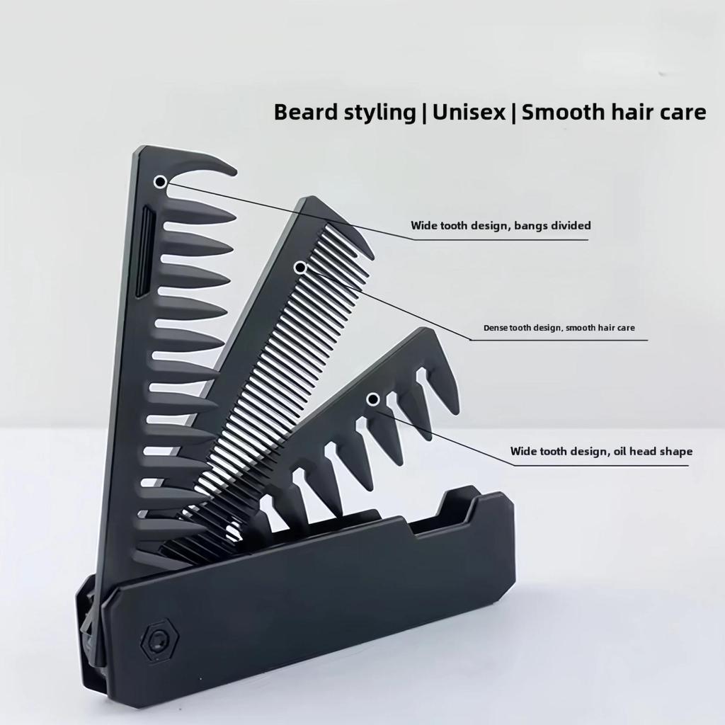 Professional 3 In 1 Pocket Folding Combs Wide Tooth Oil Head Comb Beard Combing Barber Hair Clipper Comb Salon Hair Styling Tool Double-sided Comb