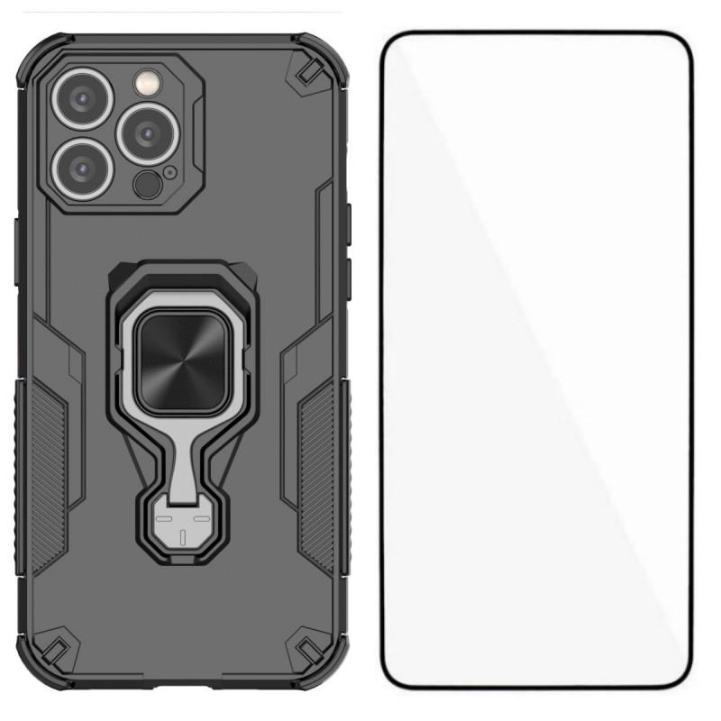 For iPhone 13 Pro 6.1 inch Phone Case WANLONFENG PC TPU Back Cover Kickstand with Tempered Glass