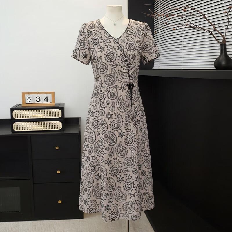Elegant Floral Print Short-Sleeve Midi Dress for Women XL