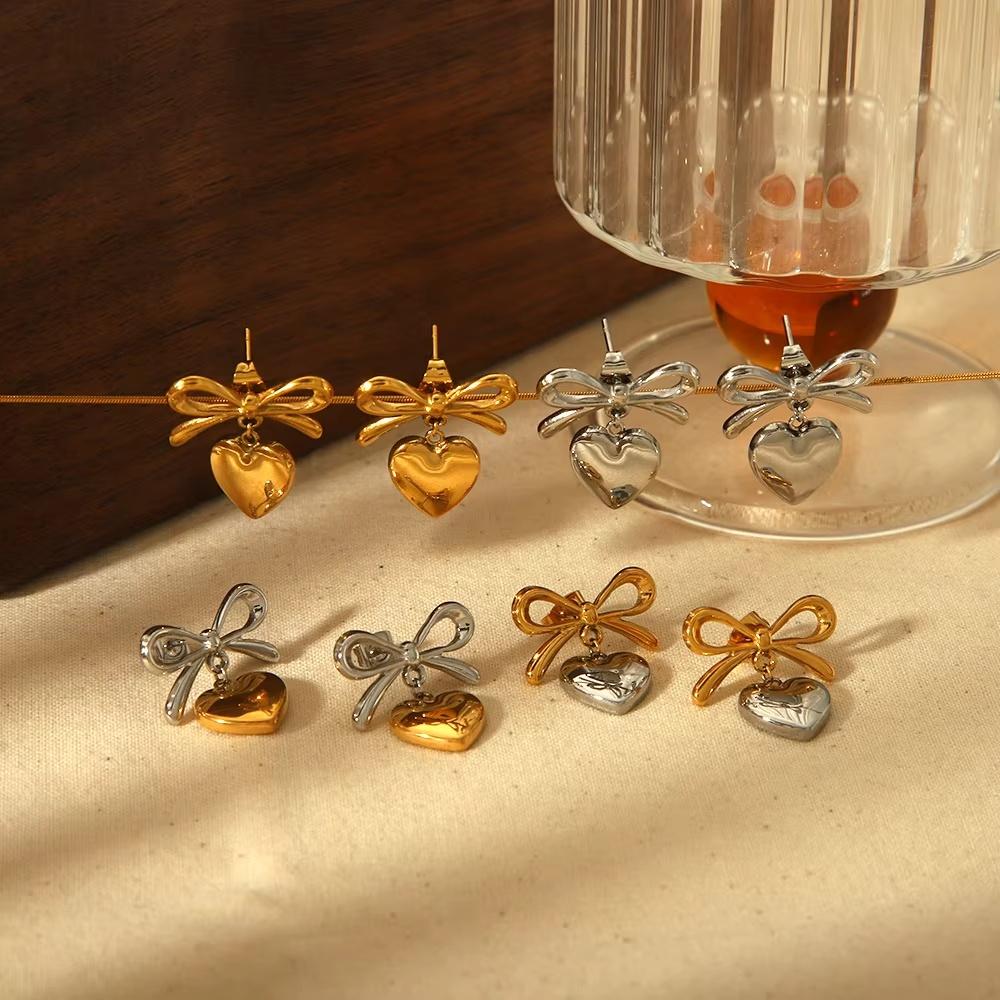 Simple Exquisite Gold Plated Heart-Shaped Pendant Earrings Stainless Steel Bowknot Stud Earrings Suitable For Daily Wearing