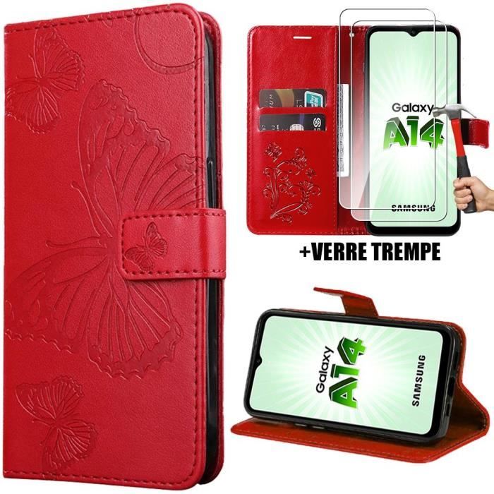 Coque de Protection - Booling - pour Samsung Galaxy A14 5G - Rouge Motif Papillon + 2 Vitres