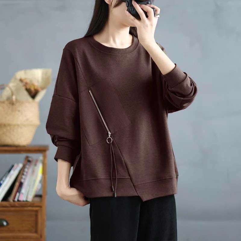 Autumn and Winter Loose Long-sleeved T-shirt Base Shirt Design Sense of Niche Irregular Round Neck Sweatshirt for Women