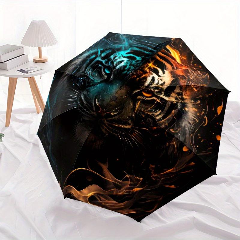 "Flame & Ice Tiger: Unique Circular  Decor"Umbrella, Portable 3-Fold Compact Umbrella for Men & Women ES13