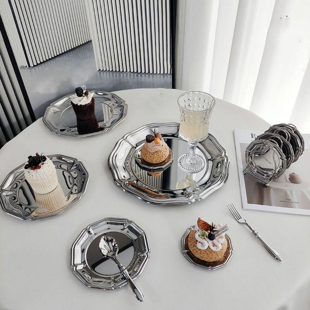 Modern Style Mirror Finish Stainless Steel Serving Tray Silver Brushed Back Decorative Tray Round Snack Dish Coffee Table