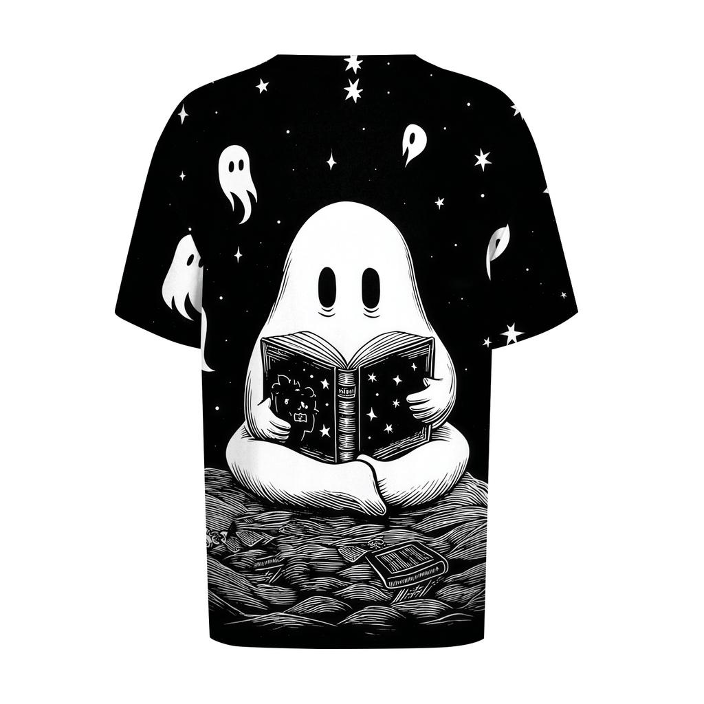 Womens Casual Short Sleeve Pullover Top Halloween Ghost Print Round Neck Relaxed Fit Tee Shirt