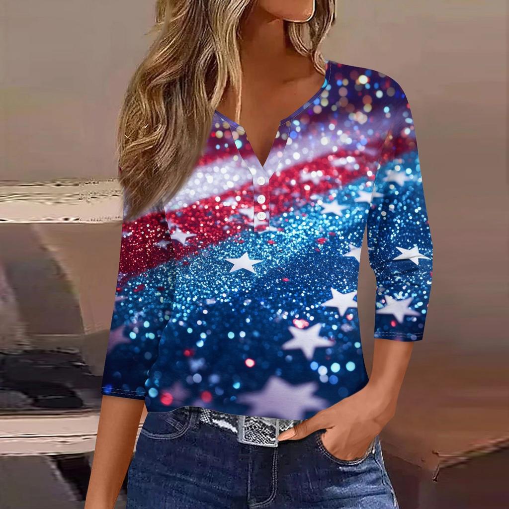 Women's T Shirt Print Button 3/4 Sleeve Daily Weekend Fashion Basic V- Neck Regular Top