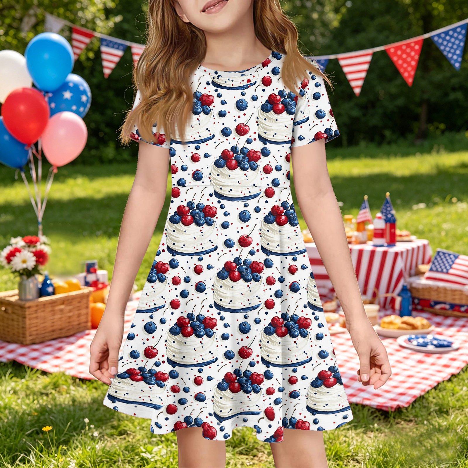 

Girls Short Sleeve Pocket Dress Independence Day Print Casual Summer Dress Soft Fabric Comfortable Fit 160 білий