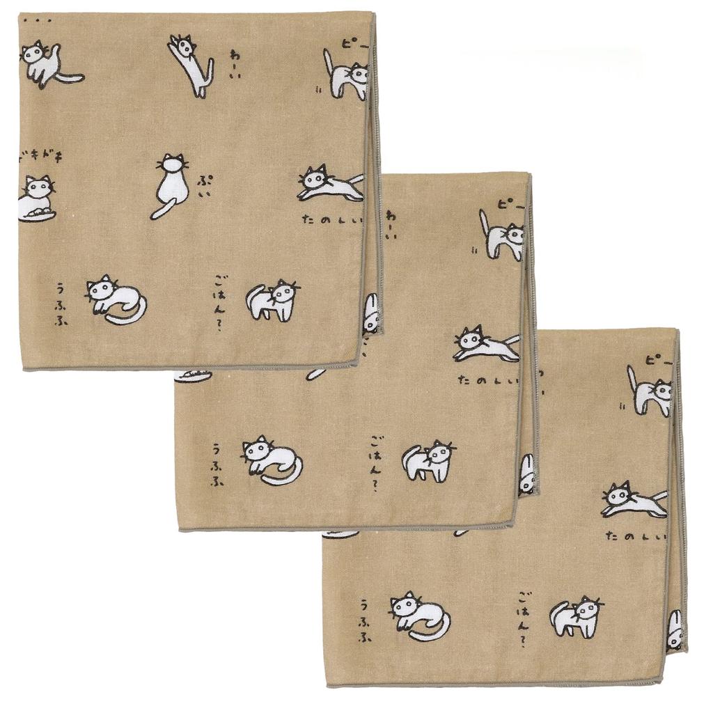 KOMESICHI COLLECTION Gauze Set of Cat Roasted Tea Made in Iroha Mameo Series Handkerchiefs, 3, Design, Design, Japan, 100% Cotton, 35x35cm,