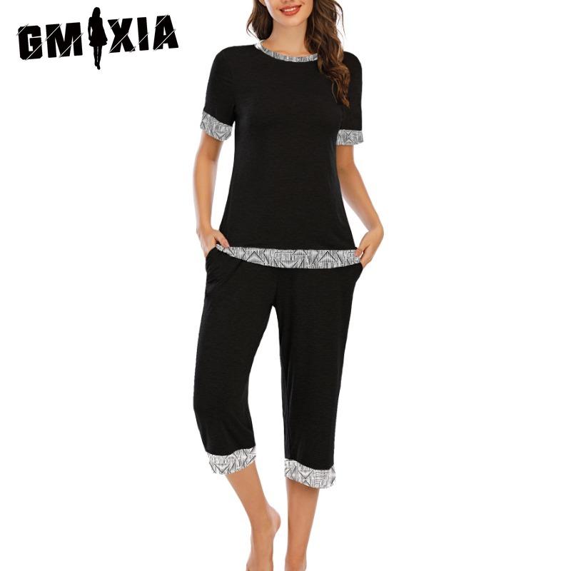 

GMXIA Весенне-летняя новинка женская свободная домашняя пижама женский костюм с коротким рукавом XXL черный оливковый