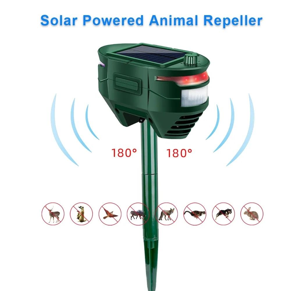 

Ультразвуковой охотник на животных на солнечной батарее. Перезаряжается от солнечной панели/адаптера питания 5 В постоянного тока. Предупреждающий привод. PIR и мигающий светодиод. Отпугиватель животных.