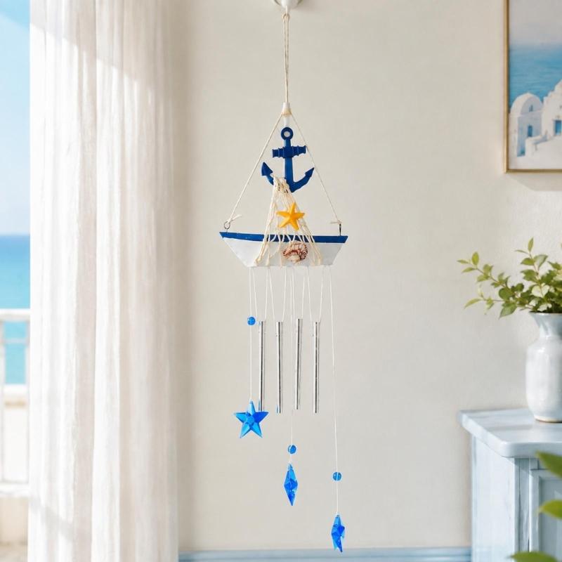 Coastal Wind Chimes with Blue and White Sailboats, Carving and Painted Detail, and Metal Tube, Star Pendants for Entryway Decors