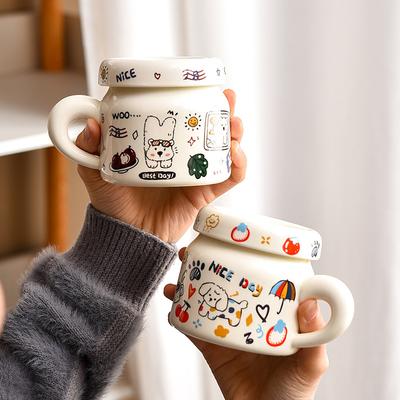 Keramik-Wasserbecher mit Deckel, niedliches Cartoon-Paar, hochwertige Tasse