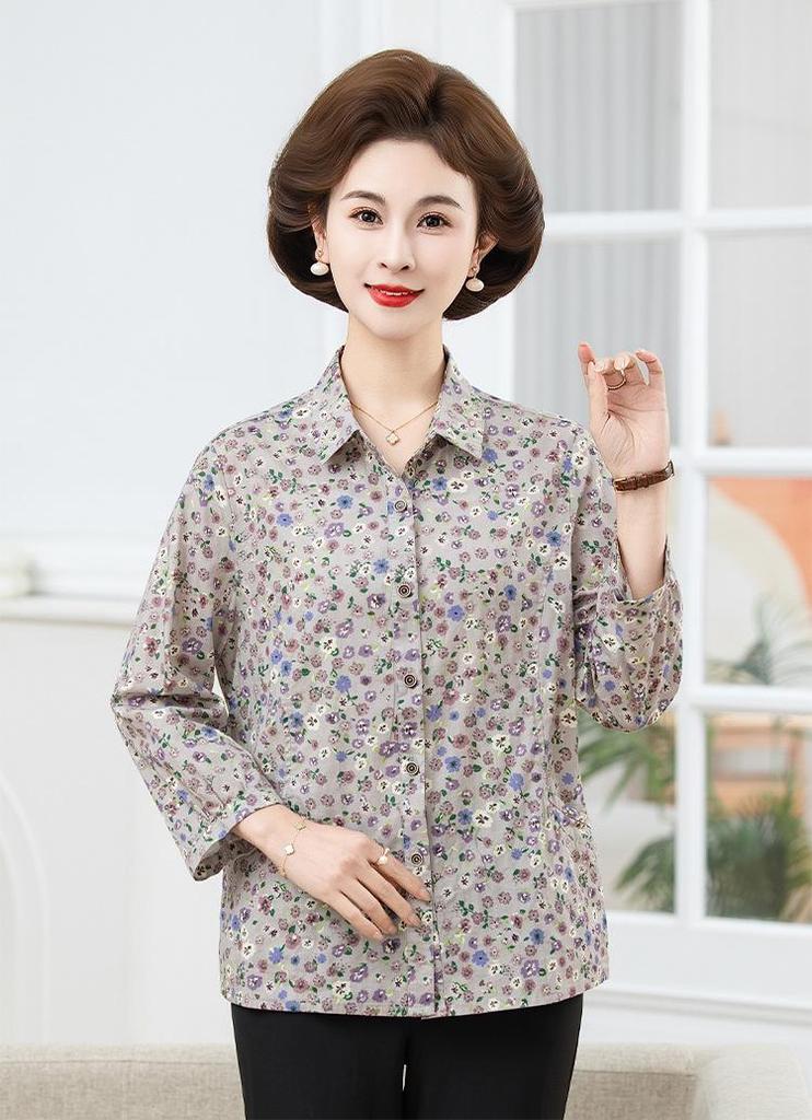 2026 Pure Cotton Loose Mid-Sleeve Shirt for Middle-Aged & Elderly Women