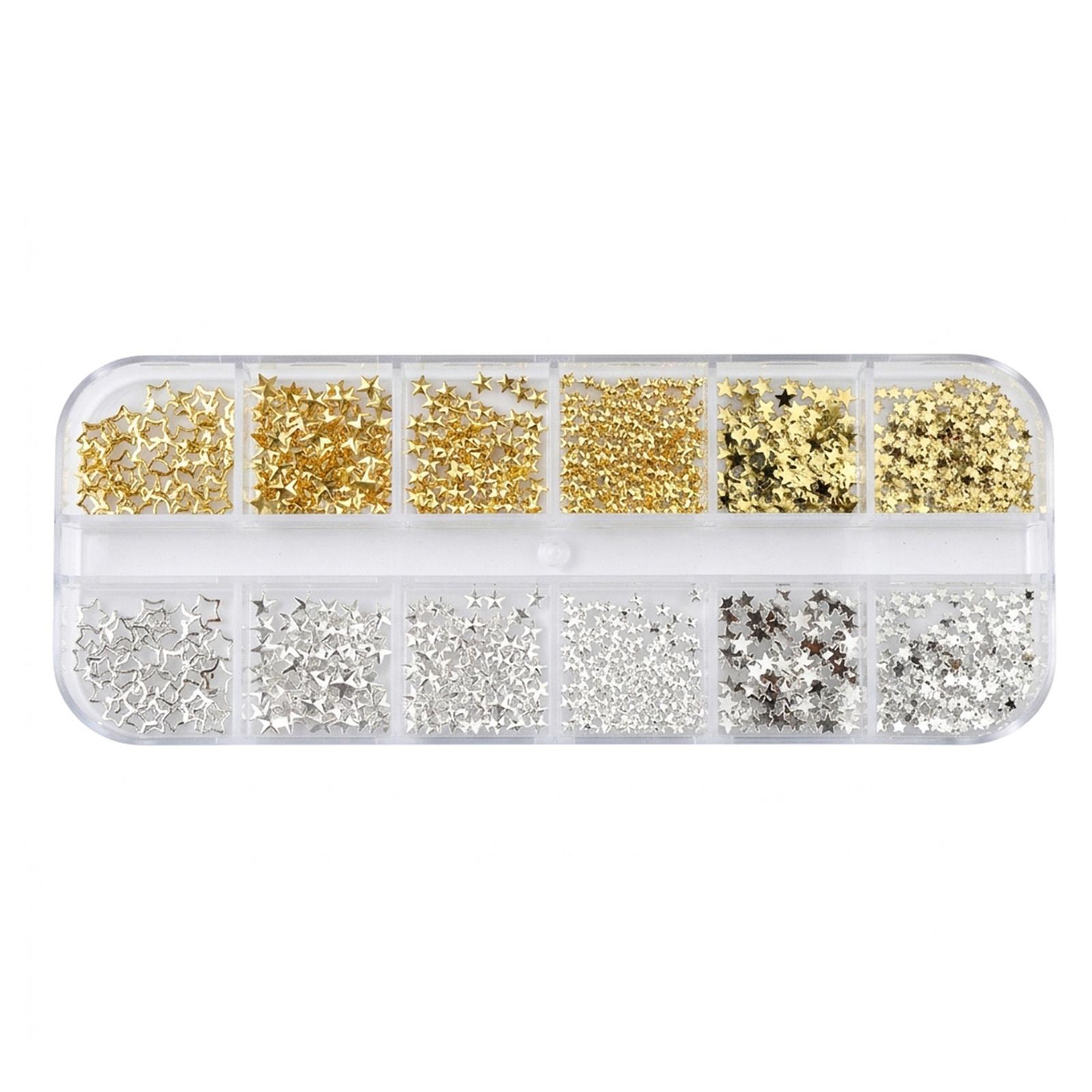 12-Grid Mixed Size Gold Silver Metal Star Nail Decorations Alloy Plating Craftsmanship For Manicure DIY 12 Grid Set белый