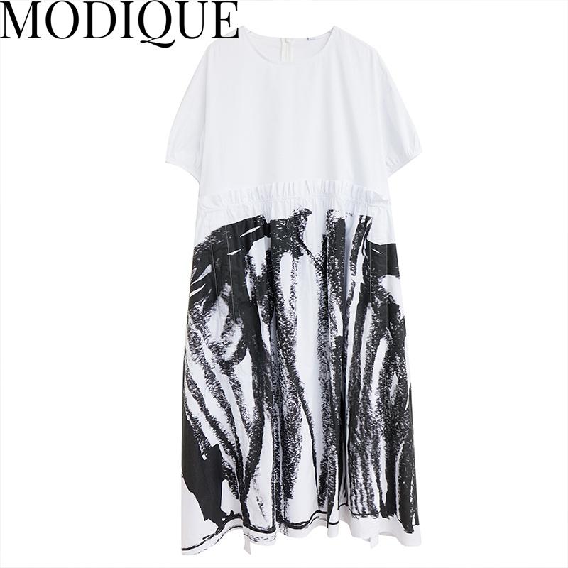 MODIQUE Sommer Pluss Størrelse Ny Kjole Skjorte Kvinner Løs Vintage Bomull Lin Patchwork Kjole Trykk Casual Damekjoler O-Hals