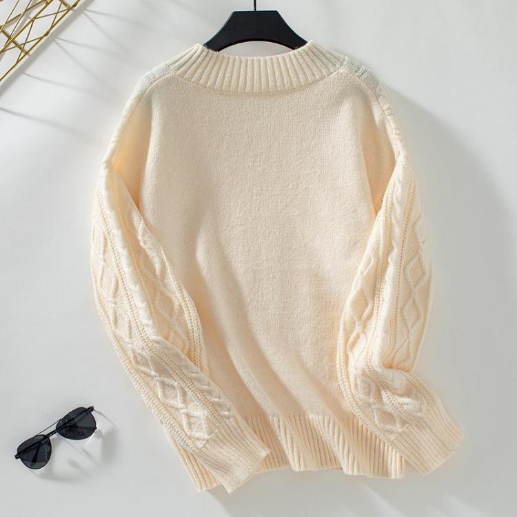 Vintage Knitwear Sweater Loose Long Sleeve V-Neck Pullover Solid Color Top Autumn Winter