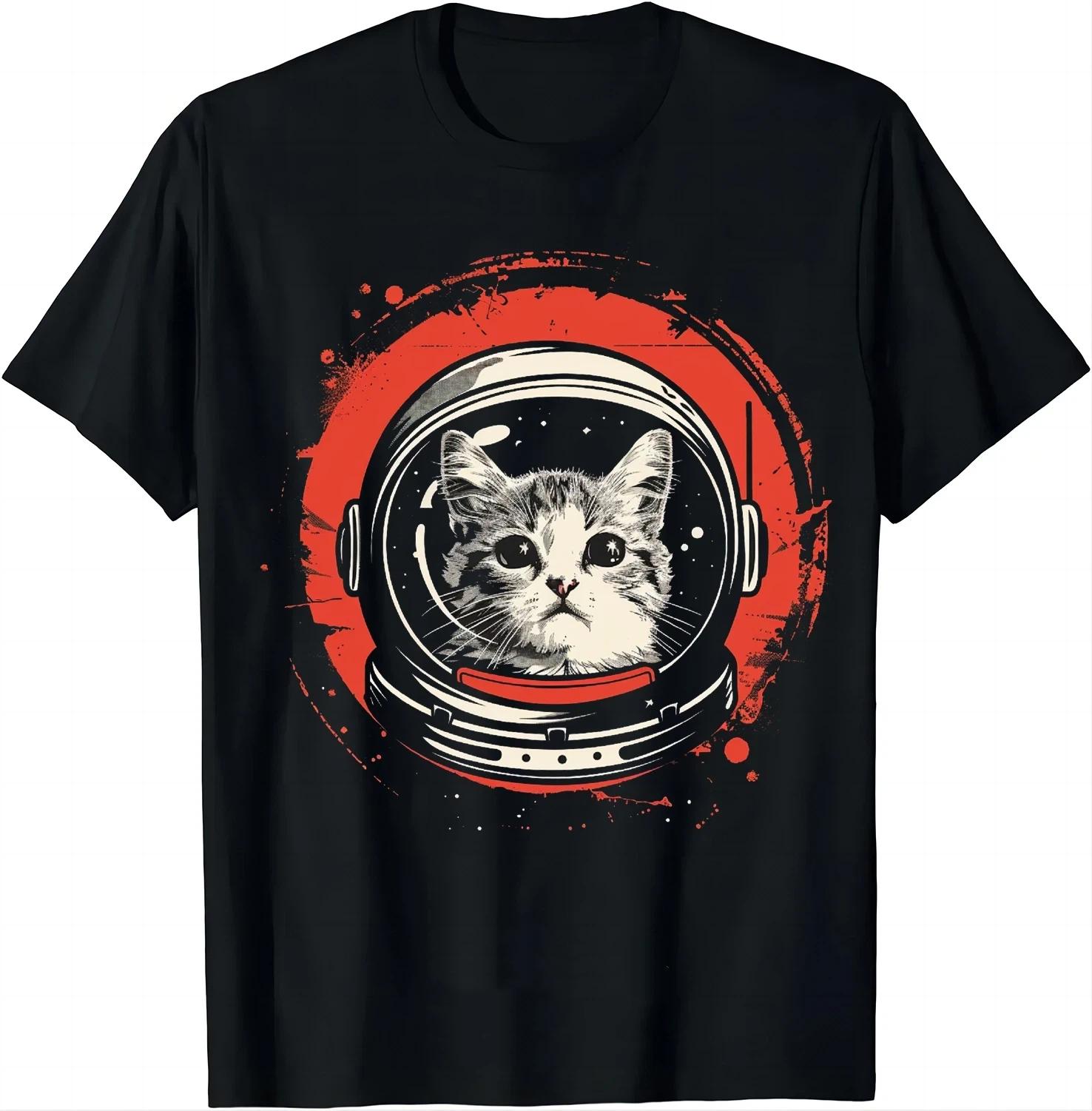 

2025 New men s space cat pattern printed retro style 100% cotton short-sleeved T-shirt casual top 4XL