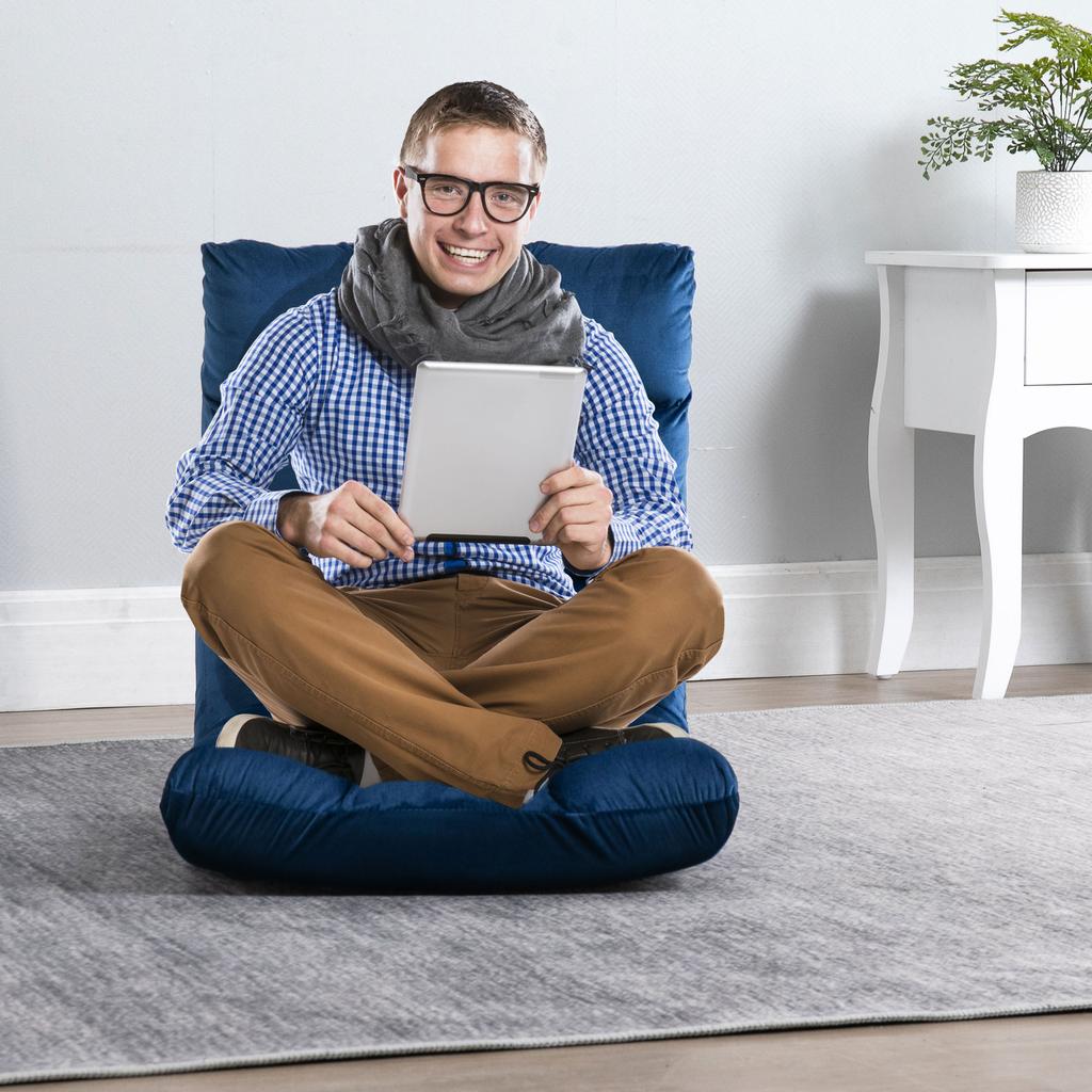 Armchair Guest Mattress Floor Chair, Adjustable Backrest, Velour Look, 55 cm x 71 cm x 53.5 cm, Blue