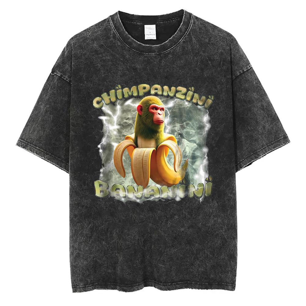 Italian Brainrot Chimpanzini Bananini Vintage Washed Tshirts Banana Monkey Funny Meme Tshirt Mens Women Casual Geek T Shirts S