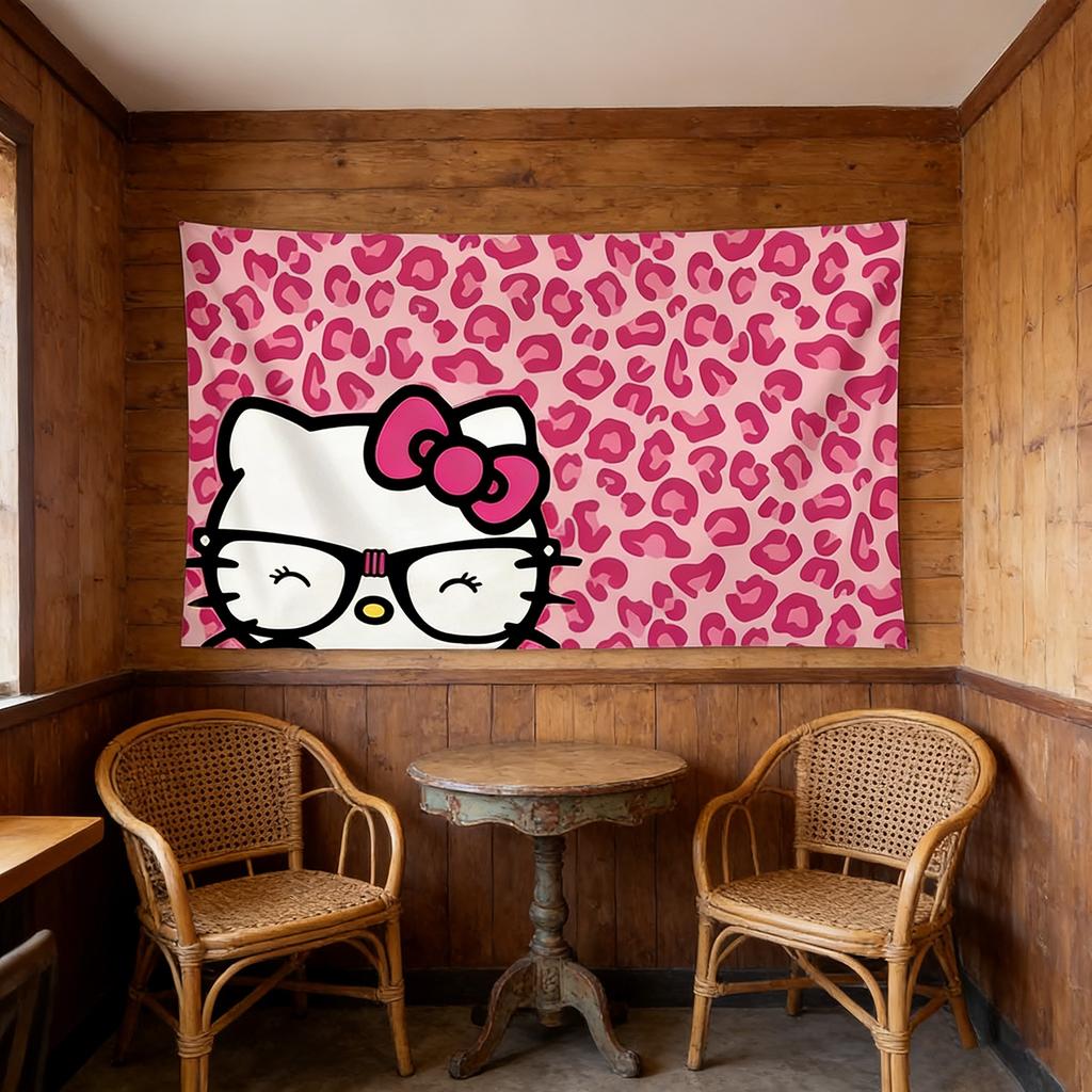 Sanrio Hello Kitty Pink Leopard Tapestry Glasses Cartoon Wall Hanging Home Cafe Decor Hello Kitty Fan Gift Flat Print