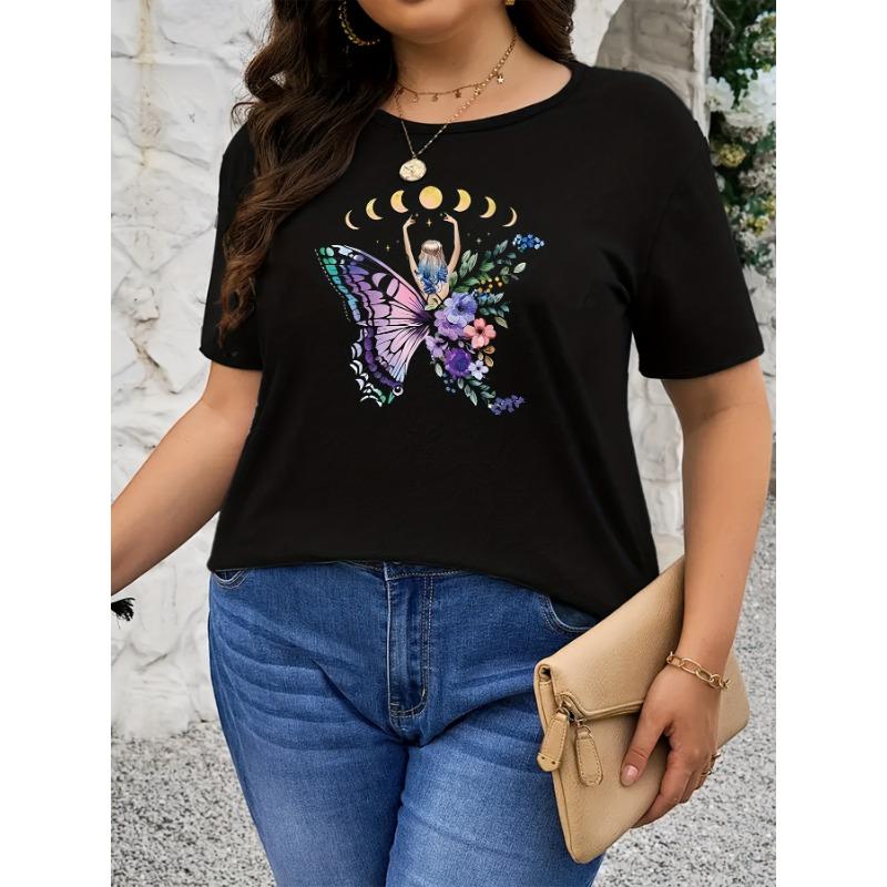 Plus Size, Plus Size Women's Casual Short Sleeve T-Shirt - Butterfly Pattern Print, Elastic Round Neck Top for Spring/Summer